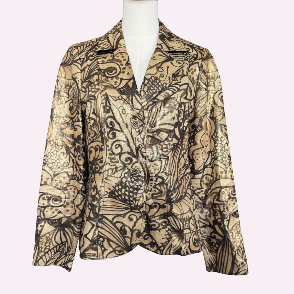 Vintage Joseph Ribkoff 100% Linen Blazer Shimmer Organic Pattern Size 8